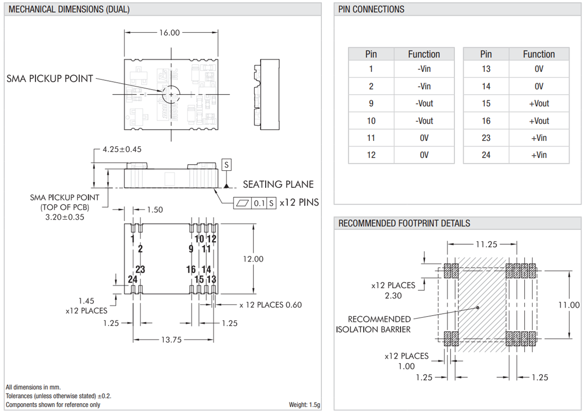 Plan mécanique - Murata Power Solutions Convertisseurs CC-CC MGN1